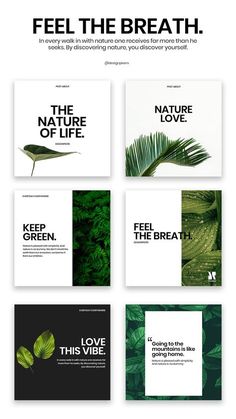 an image with the words feel the breath and green leaves in black, white and green