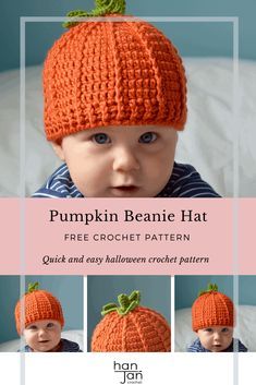 a baby wearing an orange knitted pumpkin beanie hat