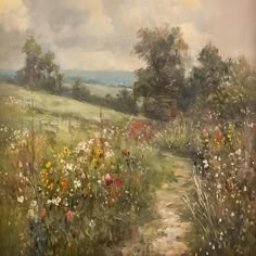 an oil painting of a path through a field with wildflowers and trees in the background