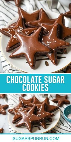 chocolate sugar cookies on a plate with the title above it