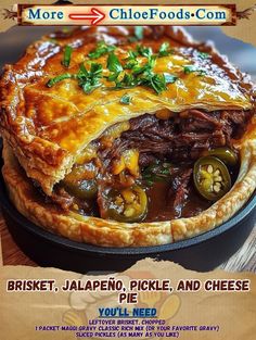 an advertisement for a restaurant with beef, jalapeno, pickles and cheese