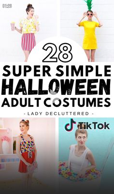 two women in halloween costumes with the text, 28 super simple halloween adult costumes lady decluttered