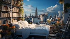 the bedroom is decorated with bookshelves, flowers and other things in front of a cityscape