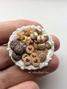 a hand is holding a miniature plate with cookies and pretzels on it as if for christmas