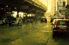 an oil painting of cars parked on the side of a busy city street in the rain