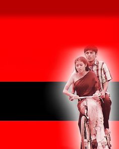 a man and woman on a bike in front of a red black and white background