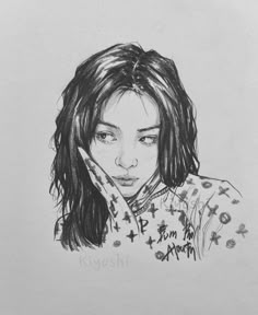 a drawing of a girl with her hand on her face