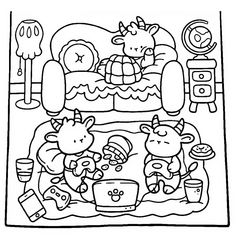 a black and white drawing of children playing in their bed with toys on the floor