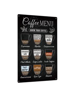 a coffee menu on a blackboard with different types of cups and saucers in it