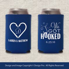 two personalized can coolers with the names and date printed on them, one is blue