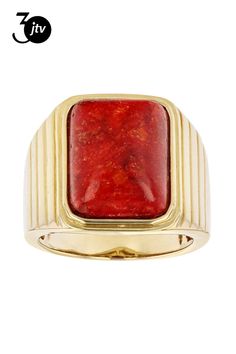 16x12mm Rectangular Octagonal Cabochon Red Sponge Coral 18K Yellow Gold Over Sterling Silver Solitaire Men's Ring. Measures Approximately 0.49"L x 0.65"W. Not sizeable. Finished Under Gallery. Coral Ring For Men, Red Coral Ring, Sponge Coral, Ring Spacer, School Jewelry, Beading Tools, Coral Ring, Daily Jewelry, Popular Jewelry