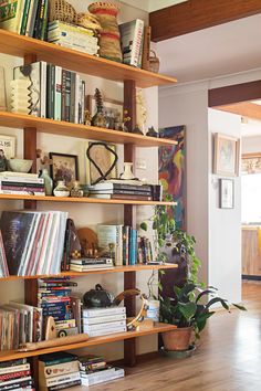 a bookshelf filled with lots of books on top of wooden shelves next to a potted plant