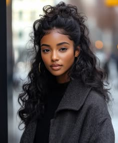 Half-Up Half-Down Winter Hairstyles Half Up Half Down Braided Ponytail, Half Up Half Down Hairstyles Bun, Half Back Hair, Sza Hairstyles, Korean Hairstyles Women, Natural Hair Bun, Nails Black Women, Hair Bun Styles, Curly Black Hair