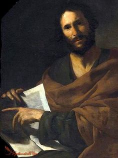 a painting of a man with a brown shawl over his shoulder and hands folded in front of him