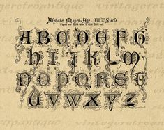 an old fashioned alphabet with swirls and scrolls on it's edges, in black ink