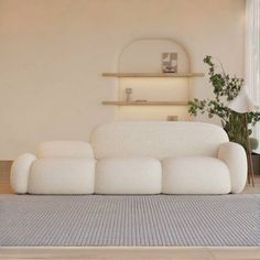 a white couch sitting on top of a wooden floor next to a potted plant