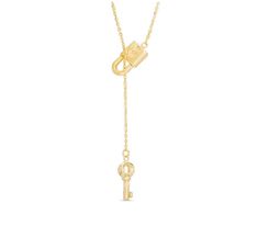 Lock and Key Lariat Necklace in 10K Gold #MayisGoldMonth #Zales Luxury Gold Jewelry With Keys, Cable Chain Necklace, Antique Keys, Anniversary Gifts For Couples, Locks & Key, Lock And Key, The Loop, Lariat Necklace, Showcase Design