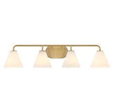 three light bathroom fixture with white glass shades on the bottom and gold metal finish,