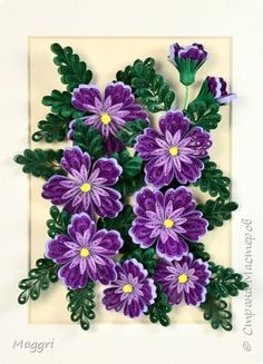 purple flowers with green leaves in a square frame on a white background, handmade paper art