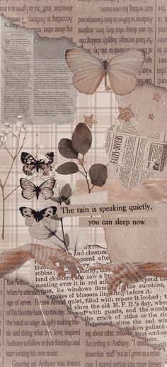 an altered photograph with butterflies and words on it's side, in the middle of a newspaper page