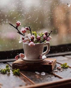 a coffee cup with flowers in it sitting on top of a wooden table next to a window