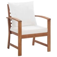 a wooden chair with white cushions on it's armrests and seat cushion