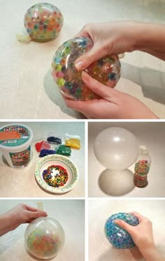 there are several pictures of different things being made with plastic balls and glue on the table