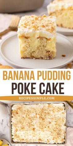 banana pudding poke cake on a white plate