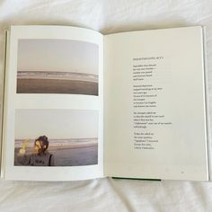 an open book with pictures of people on the beach and in the background is a white sheet