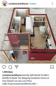 an overhead view of a small house with red walls and white trim on the floor