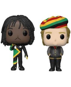 two pop vinyl figures, one with dreadlocks and the other wearing a hat