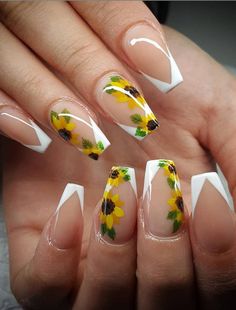 Sunflower Nail Art, Unghie Nail Art, Country Nails, Sunflower Nails, Easy Nails, Baby Nails, Her Nails, Acrylic Nails Coffin Short, Summer Acrylic Nails