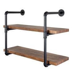 two wooden shelves with black metal pipes on each side and one shelf is made out of wood