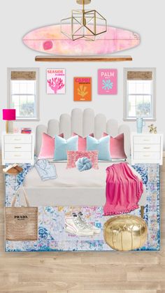 a bedroom with pink and blue decor on the walls, a surfboard hanging above the bed