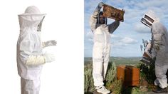 two people in bee suits and one is holding a honeybeehive while the other holds a box