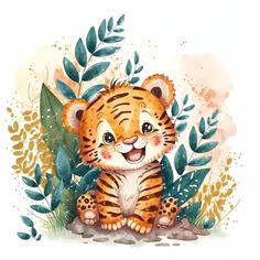 a watercolor painting of a tiger cub sitting in the grass with leaves around him