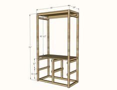 a wooden shelf with measurements for the top and bottom shelves on one side, along with an