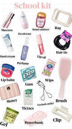 Thing To Put In Your School Bag, What’s In My Study Bag, Things For School Backpack, What To Put In Your School Bag List, Preppy Emergency Kit For School, Stuff To Put In Purse, Essential Bag For School, School Bag Packing List, School Makeup Bag Essentials