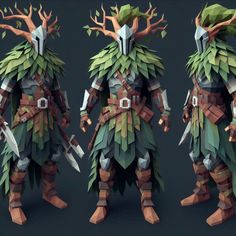 three different angles of the same character in an animated video game, with trees growing out of them