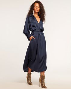 Cecilia Belted Midi Dress in navy | Ramy Brook Elegant V-neck Shirt Dress For Evening, Chic Long V-neck Formal Dress, Chic Belted Long Sleeve Knee-length Dress, Chic Long Sleeve Belted Knee-length Dress, Elegant Long Sleeve Belted Midi Dress, Chic Belted Shirt Dress For Evening, Chic Long Sleeve Belted Dress, Elegant Belted Midi Dress, Elegant Shirt Dress For Date Night In Fall