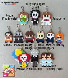 a bunch of pixel keychains with different characters on them