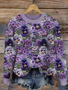 Affordable price buy Sweaters on Lilicloth.com, SPU: 1W61YSW9C9AE2, Color: Purple, Thickness:Heavyweight, Pattern:Maple leaf. Floral Sweatshirt, Floral Embroidery Patterns, Buy Sweaters, Women Sweaters Winter, Cozy Knit Sweater, Loose Long Sleeve, Embroidery On Clothes, Violet Flower, Embroidered Clothes