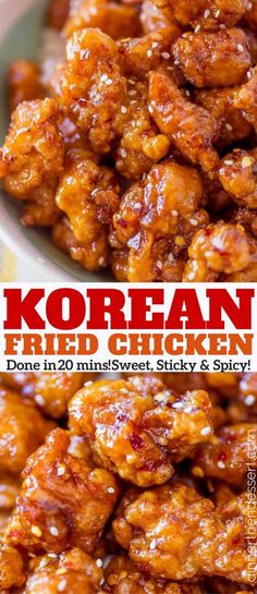 the cover of korean fried chicken done in 20 mins sweet sticky and spicy,