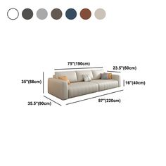 a couch with measurements for the seat and back, shown in three different colors from white to beige