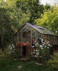 an old greenhouse with pumpkins and flowers growing inside