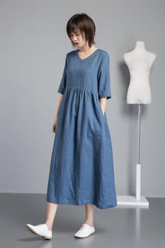 Simple Linen Dress, Basic Dress Pattern, Simple Linen, Blue Linen Dress, Wedding Dress With Pockets, Long Linen Dress, Womens Shift Dresses, Dress Simple, Mode Casual