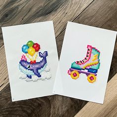 two cross - stitch cards with roller skates and clown on them, one has a balloon in the shape of a person