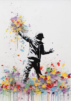 a painting of a person standing on top of a flower bed with paint splatters all over it