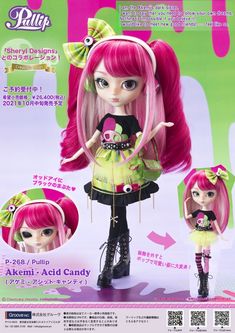 an advertisement for a doll with pink hair