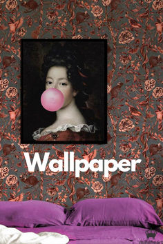 a pink bubble is floating in front of a wallpapered bedroom with an image of a woman's face